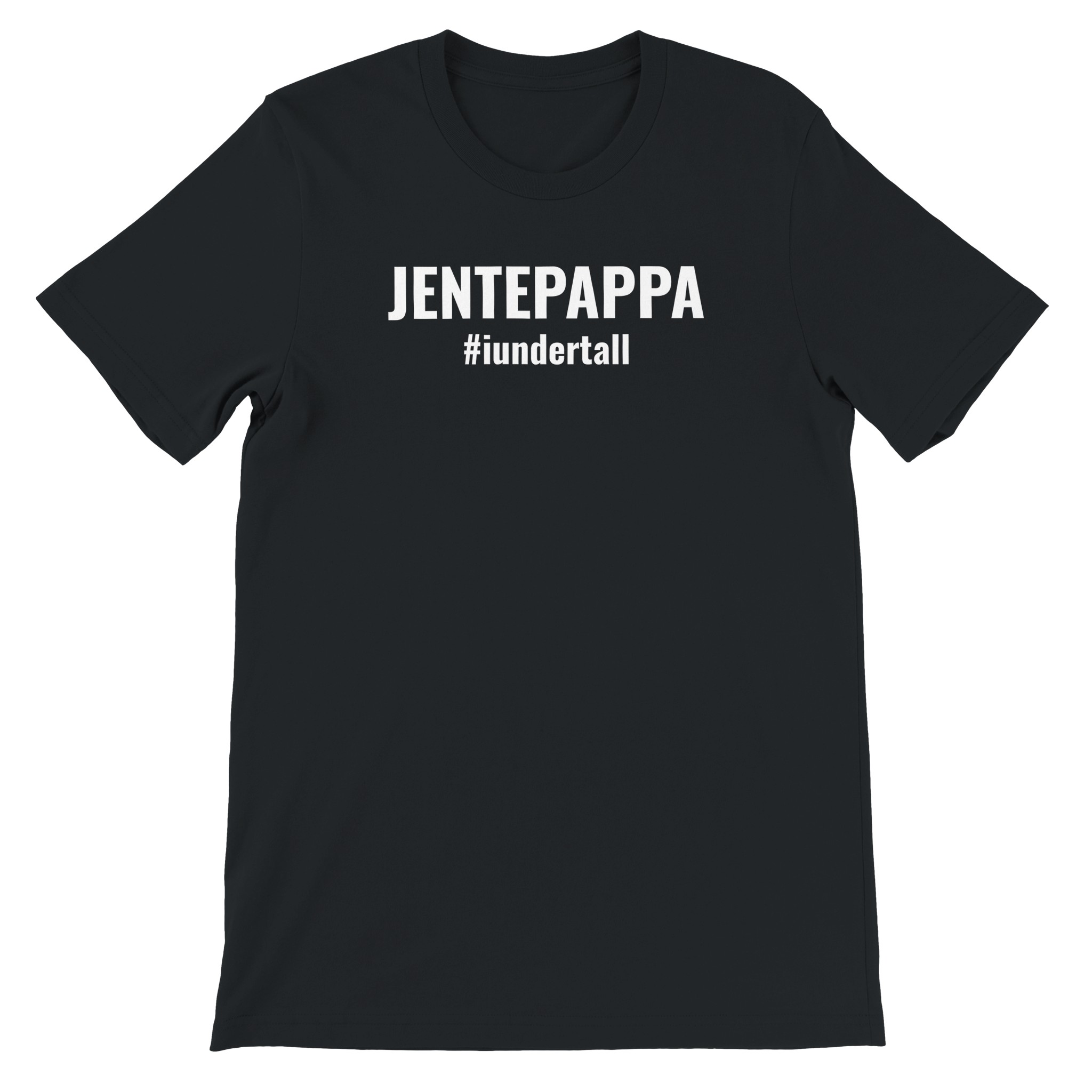 «Jentepappa #iundertall» – svart t-skjorte med hvitt trykk på brystet, sett forfra